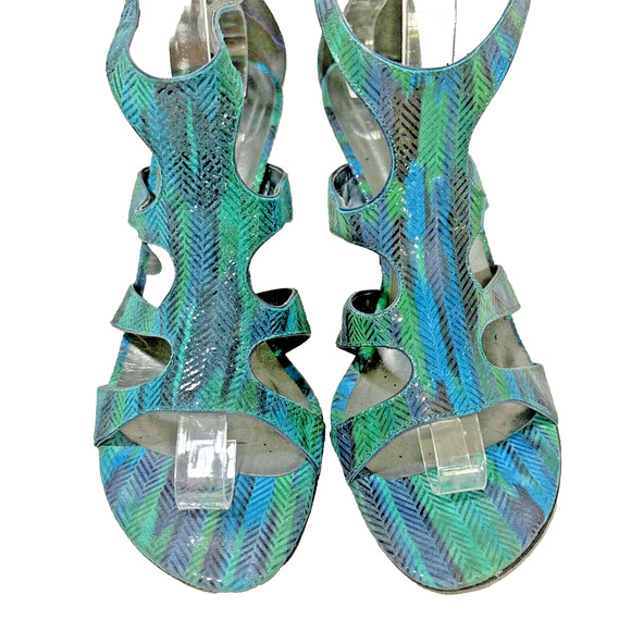 Stuart Weitzman Blue Green Purple High Heel Sandals Size 9 Ankle Strap Buckles - Picture 2 of 13